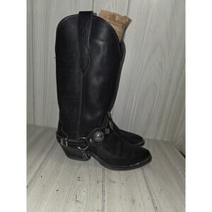 Vtg Code West Black Leather Slouchy Studded Chain Boots Womens Western 7 M Moto